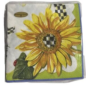New Mackenzie Childs Sunflower Paper Cocktail Sealed Yellow Floral Checked 20ct